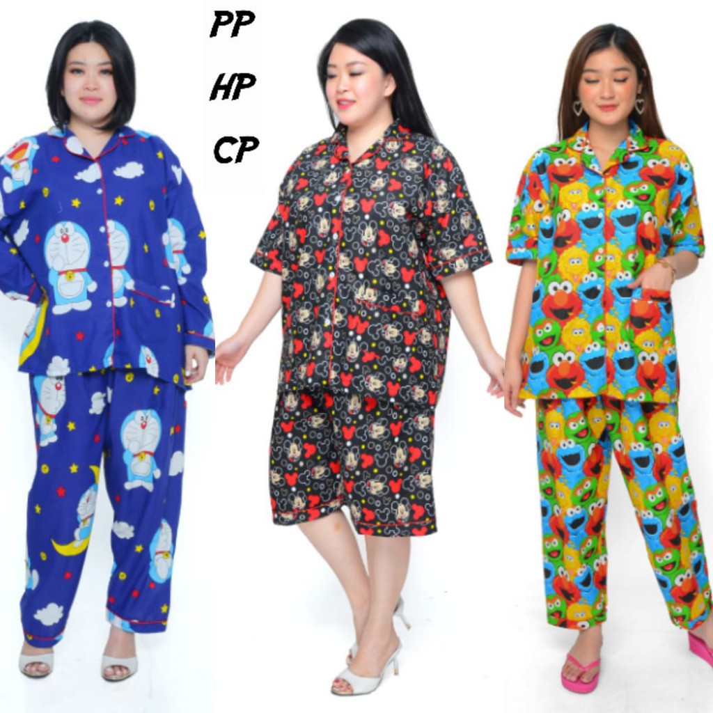 Piyama Jumbo Celana Panjang Set Baju tidur Lengan pendek Pajamas Wanita Dewasa Katun Karakter Piama