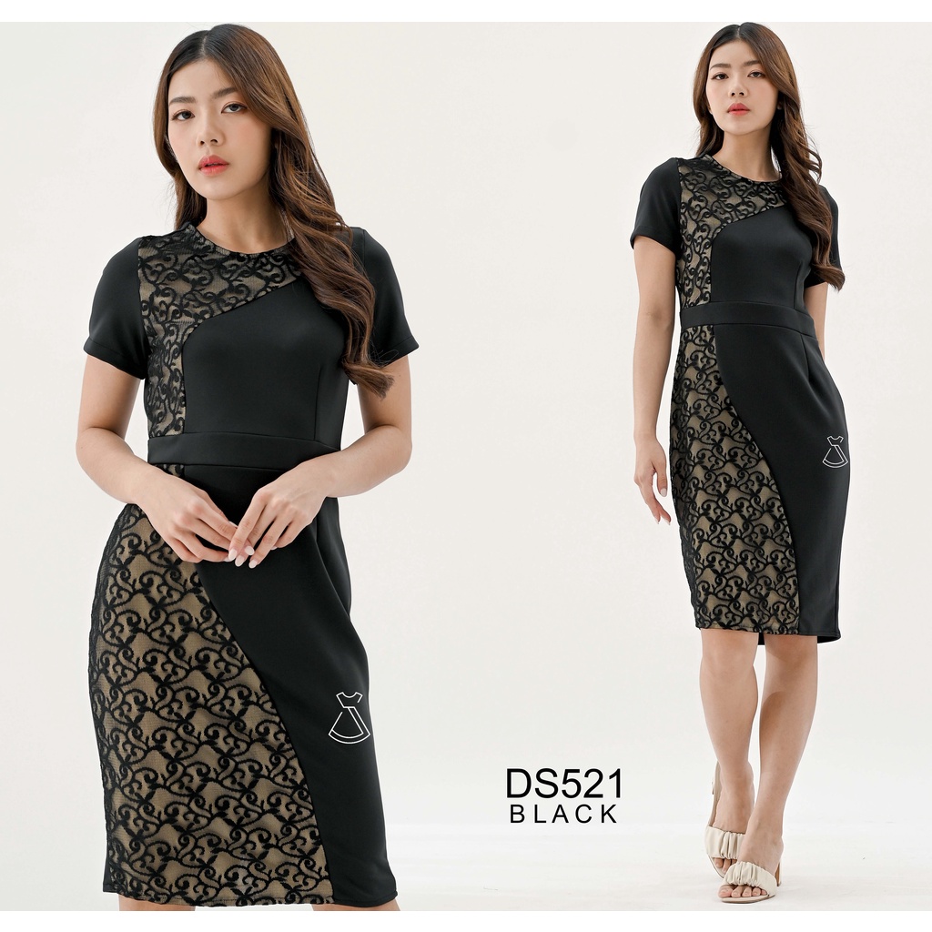 DS521 - DRESS PESTA BRUKAT LACE MIDI SCUBA BODYCON SEPAN PREMIUM NATAL MURAH GROSIR