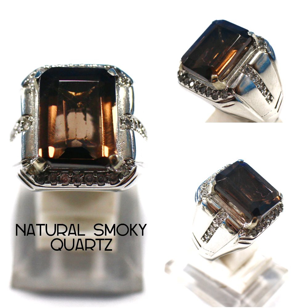 CINCIN BATU AKIK PERMATA NATURAL SMOKY QUARTZ OCTAGON MEWAH TERMURAH