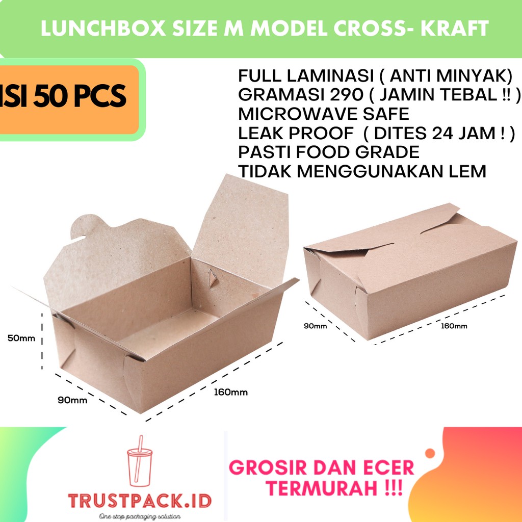 LUNCH BOX PAPER BAHAN KRAFT/ COKLAT MODEL KAIT FULL LAMINASI SIZE M