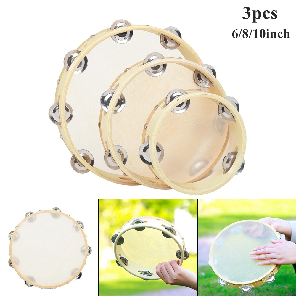 3pcs Alat Musik Perkusi Drum Tamborin Bulat Bahan Kulit Sapi Untuk Anak