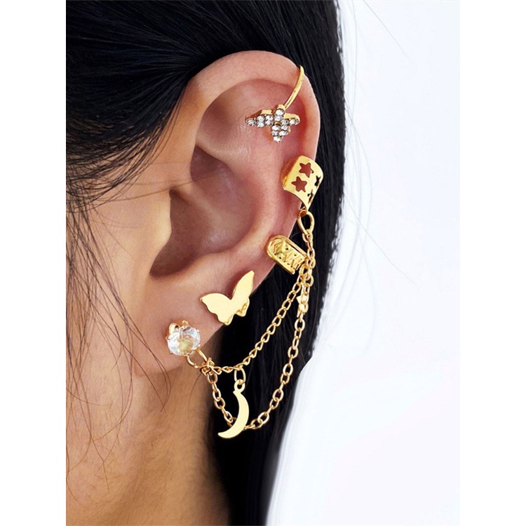 Anting Klip Tulang Telinga 925 Silver Needle Model Kupu-Kupu Rumbai Asimetris Gaya Korea Untuk Wanita