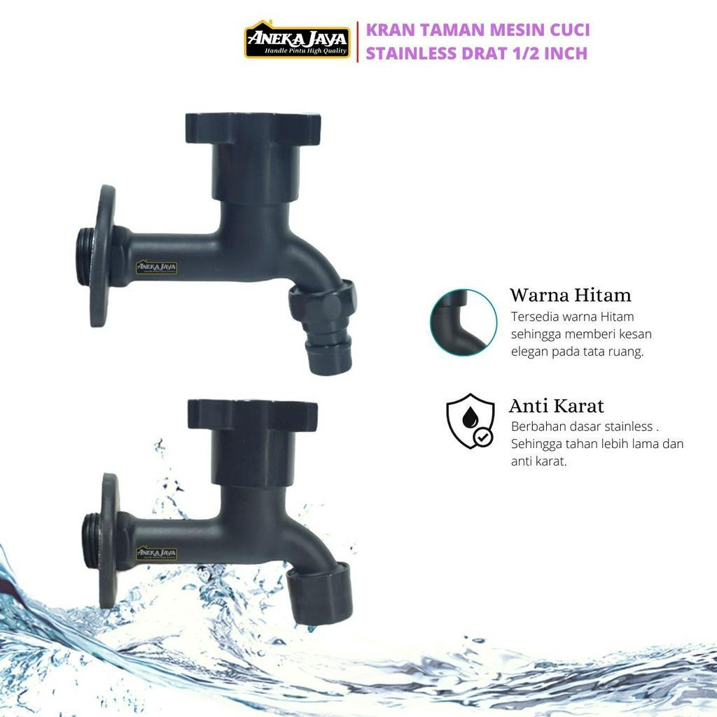 Kran Hitam Taman Tembok Drat 1/2 Inch Engkol Baling - Keran Air Mesin Cuci Kamar Mandi