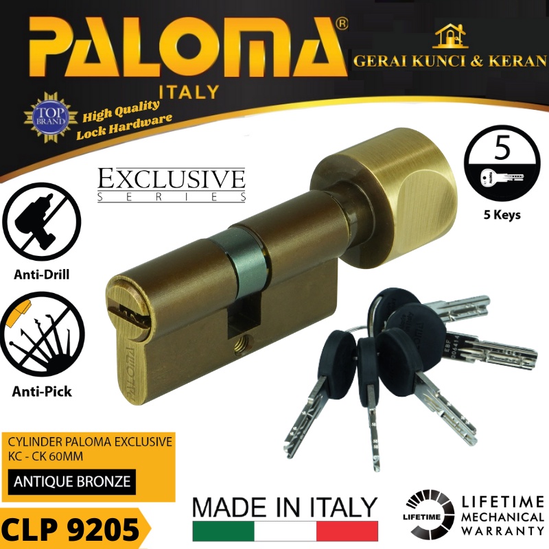 PALOMA CLP 9205 KNOB CYLINDER ITALY 60 MM EXCLUSIVE KUNCI PINTU BRASS ANTIQ BRONZE