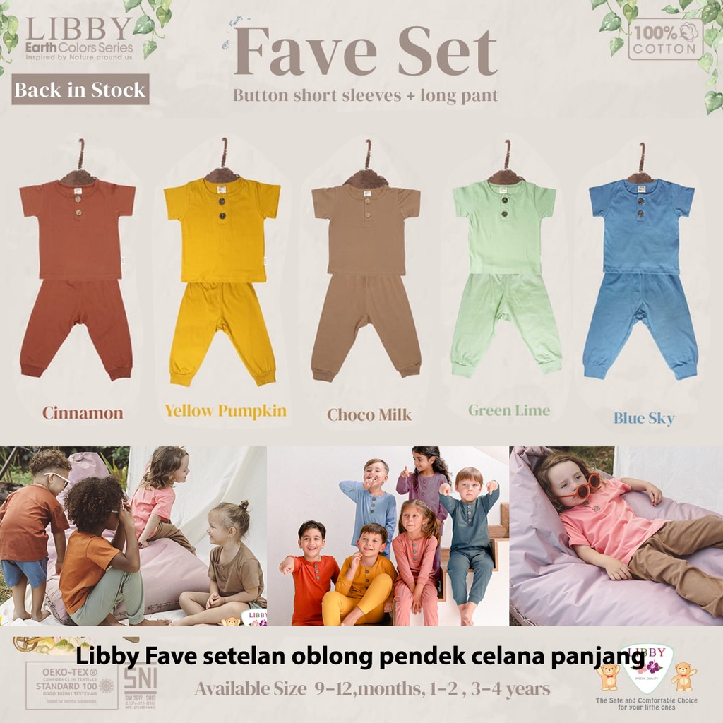 Libby Earth Series Fave Set Setelan Pendek Panjang Kancing Kerah Piyama Oblong Baju Bayi Polos Warna