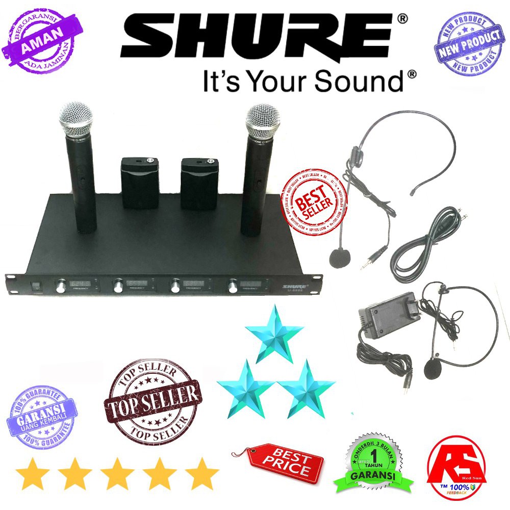 MIC WIRELESS 4 CHANNEL SHURE PEGANG DAN HEADSET HD SOUND