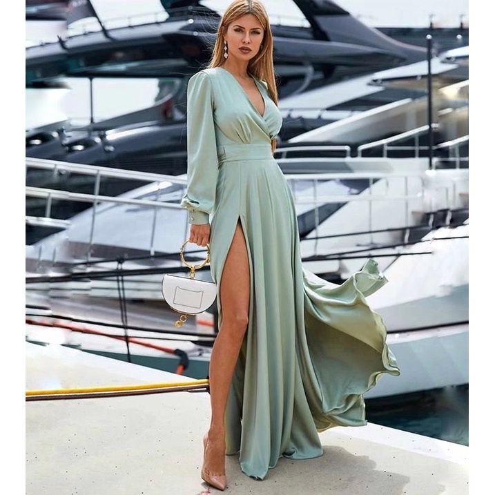 Dress pesta mewah slit maxi dress wanita v neck dress bog size jumbo ukuran besar longdress gown par