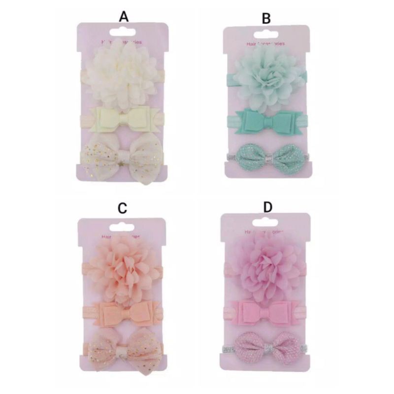 BSET9-Bandana Headband Bayi Bunga 3pcs set