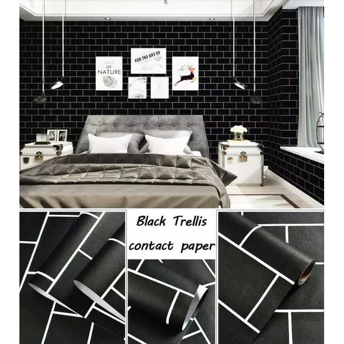 HSHOP COD WALLPAPER STICKER WALPAPER DINDING WPS143 BATA HITAM BLACK BRICK PVC LEMARI MEJA DAPUR
