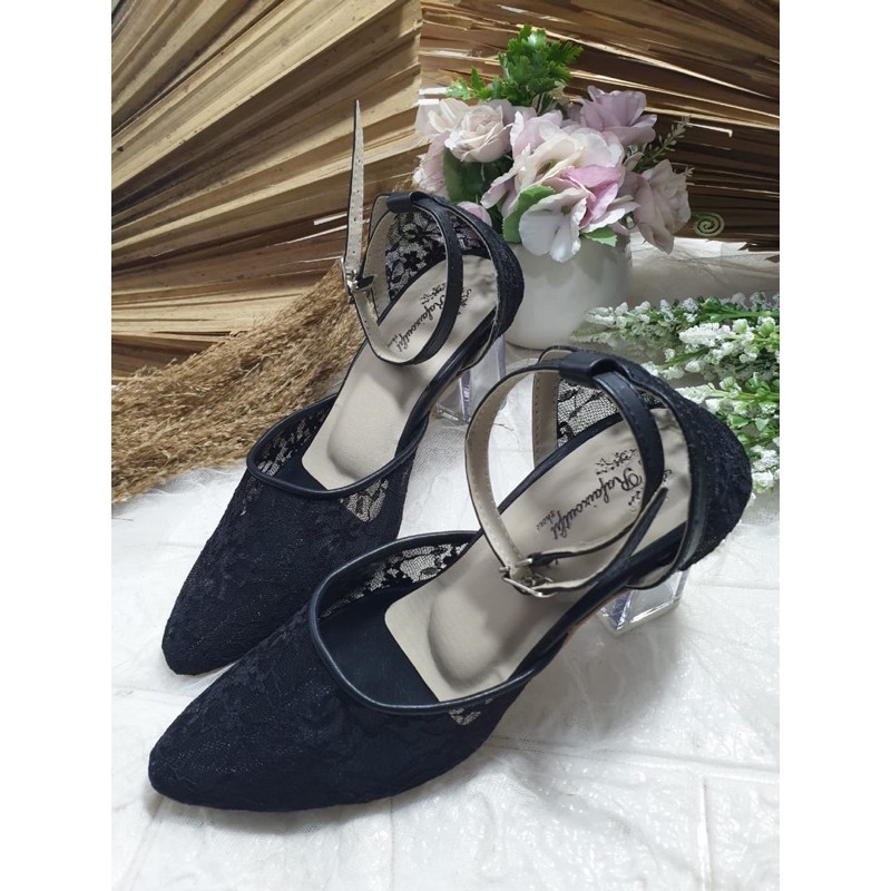 sepatu nataly hitam tali jaring 7cm kaca