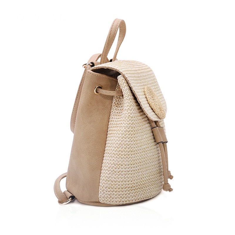 Tas Ransel Kecil Wanita Tas Cewek Mini Woven Straw Backpack OY