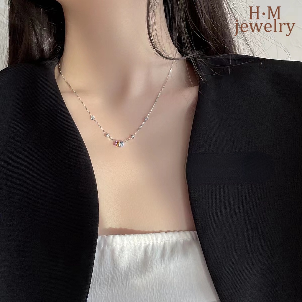 Kalung Rantai Sterling Silver 925 Dengan Liontin Manik-Manik Batu Pelangi Untuk Wanita