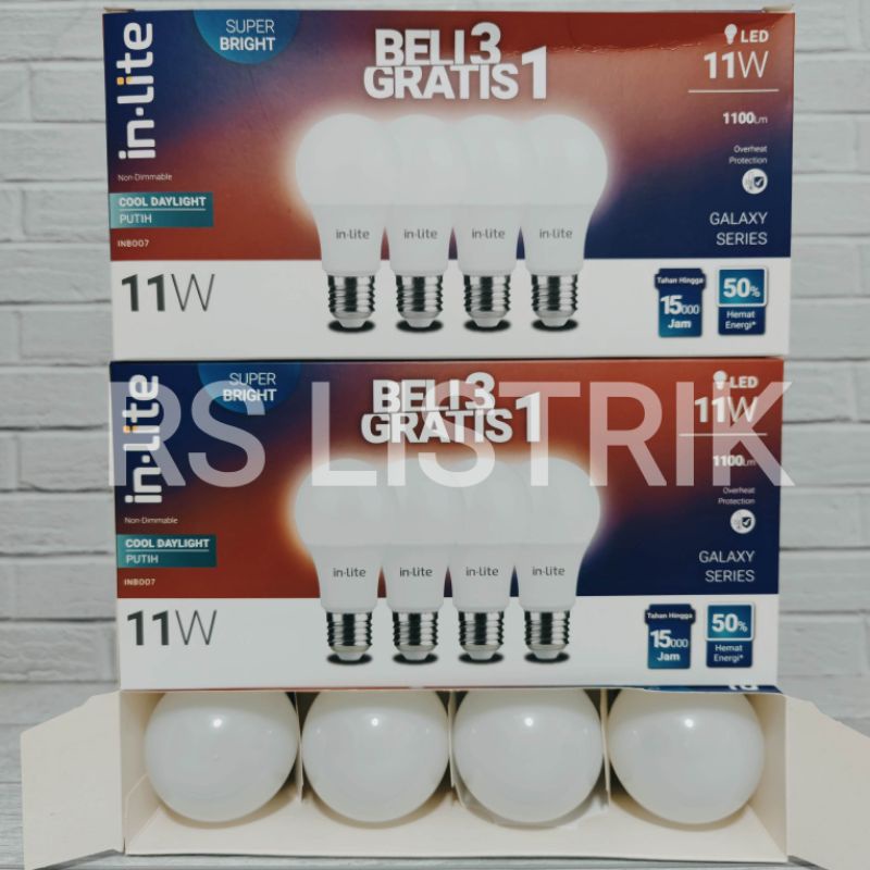 paket 11w 3pc gratis 1pc merk in lite inlite in-lite 11 watt cahaya putih lampu led bulb INB007 3 free 1