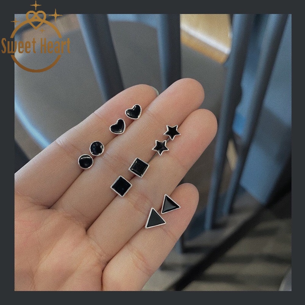 Geometric Ear Stud Earrings Female S925 Black Love Simple Pierced Earring Fashion Temperament