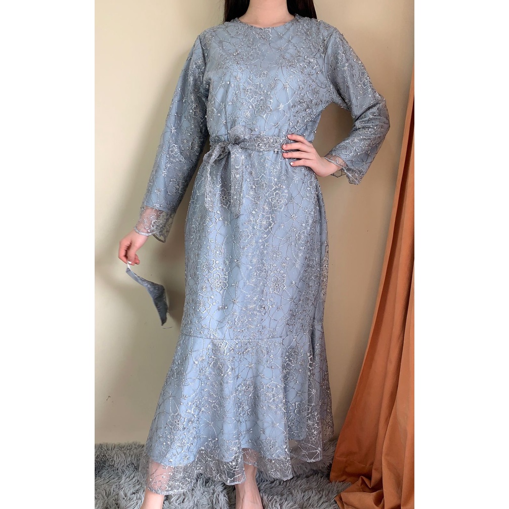 Ken-237 Busana Gamis Long Dress kondangan Muslim Hijab Wanita Dress Pesta Korean Look Model Duyung Premium Full Tulle High Quality-Silver