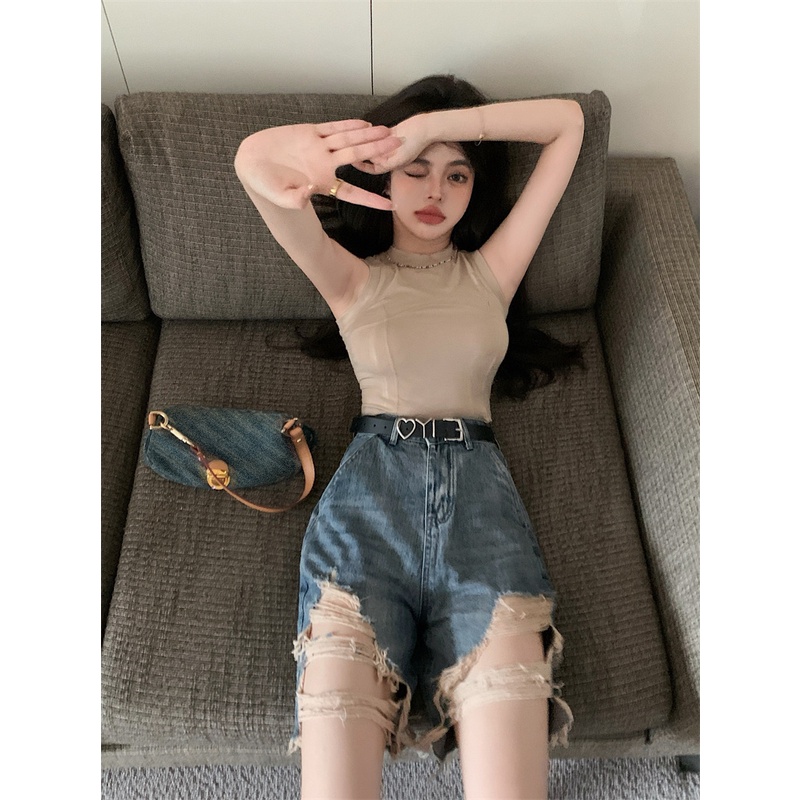 Suhao biru robek celana pendek denim longgar wanita musim panas dicuci celana lima titik pinggang ti