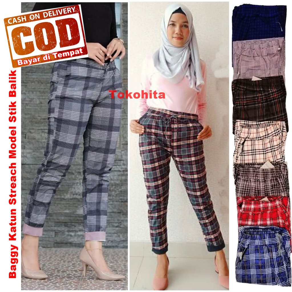  Celana  Baggy  Celana  Katun Streach Motif  Kotak  Model Stik 