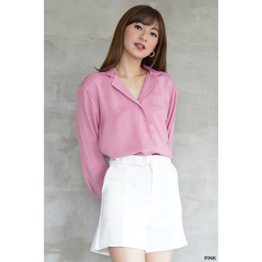 Basic Crinkle Shirt Atasan Kemeja Wanita-PINK