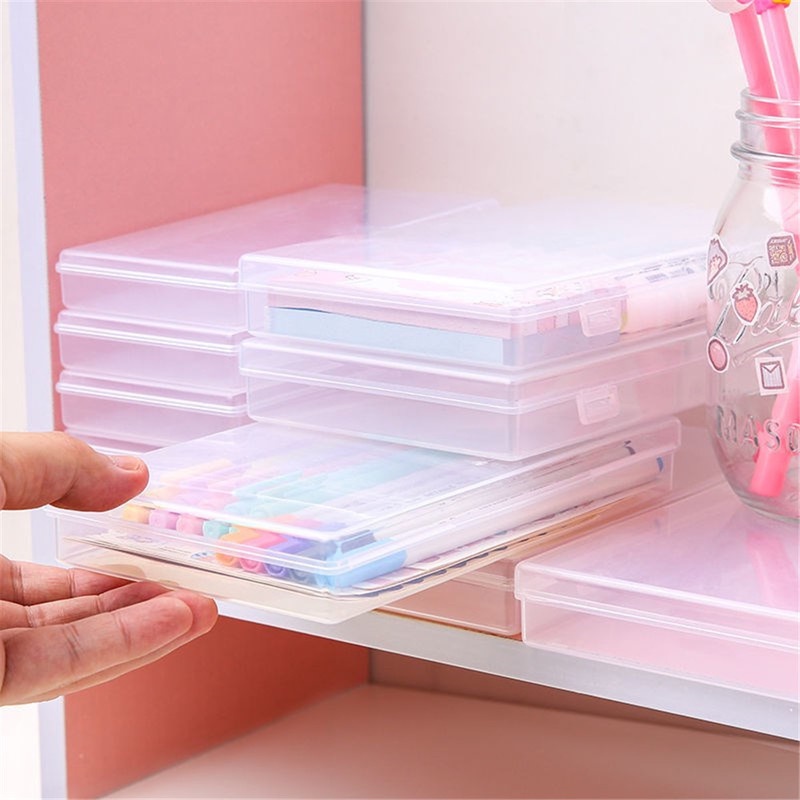 [1pc Transparent Desktop Stationery Organizer Clear Pencil Box ][ Tape Stickers Storage Case][Table Desk Classification Box][Tape Pen Holder Plastic Box ][Desktop Classification Label Organizing Mini Box]