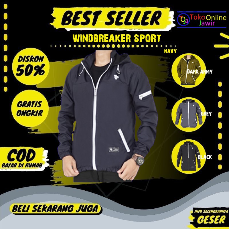 Jaket Jacket Parasut Windbreaker Sport Olahraga Pria Cowok Cowo Murah Premium Terbaru Original Keren