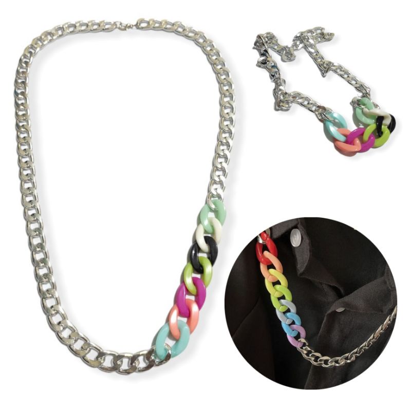 Kalung Rantai Alumunium Kombinasi Colorful Acrilic Dop Chain Warna Warni Hip Hop Playful Pop Colour Necklace Gaya Punk