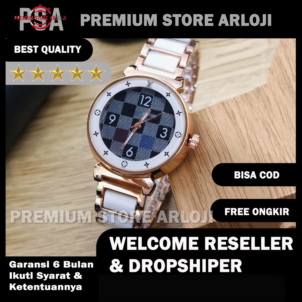 Grosiran Jam Tangan Wanita Fashion 3295YL Analog Tali Rantai Kombi Mika Tanggal Aktif Free Baterai Cadangan (BISACOD)