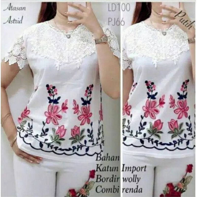 Atasan Blouse Bordir Katun Kombinasi Brokat Renda