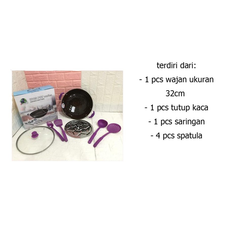 Wajan 7 Set 32cm Saringan Dengan tutup kaca plus spatula