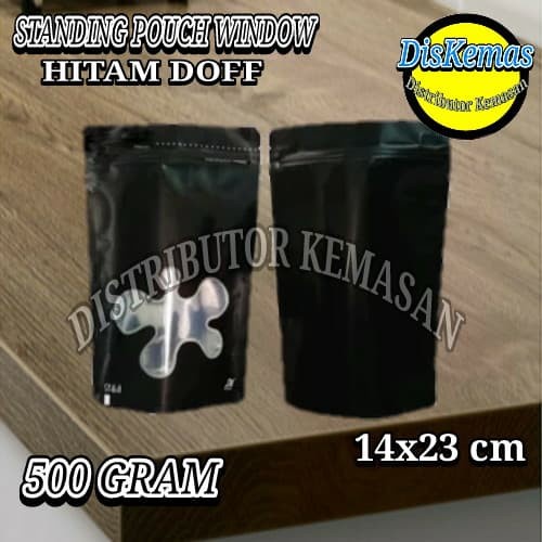 STANDING POUCH WINDOW HITAM DOFF 500 GRAM ZIPPER