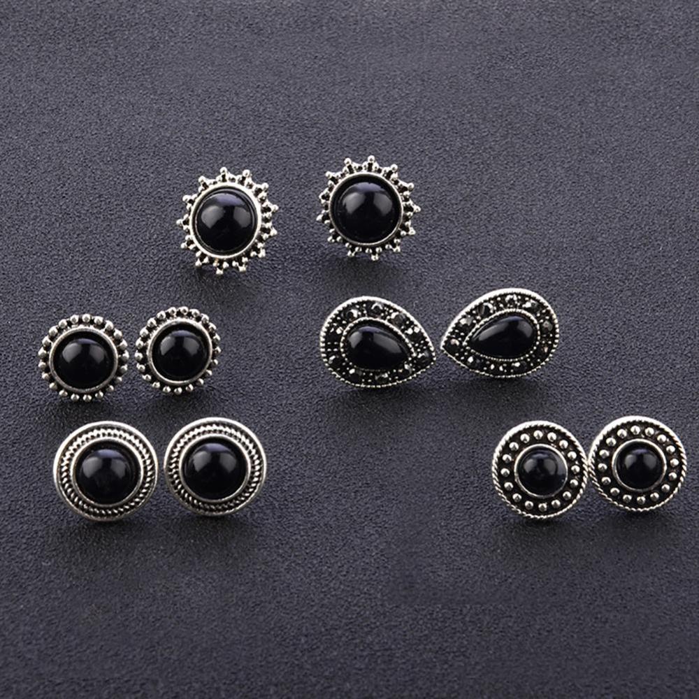 Timekey 5 Pasang / set Anting Tusuk Vintage Bentuk Bunga / Tetesan Air Hias Kristal Hitam Untuk Wanita A9K1