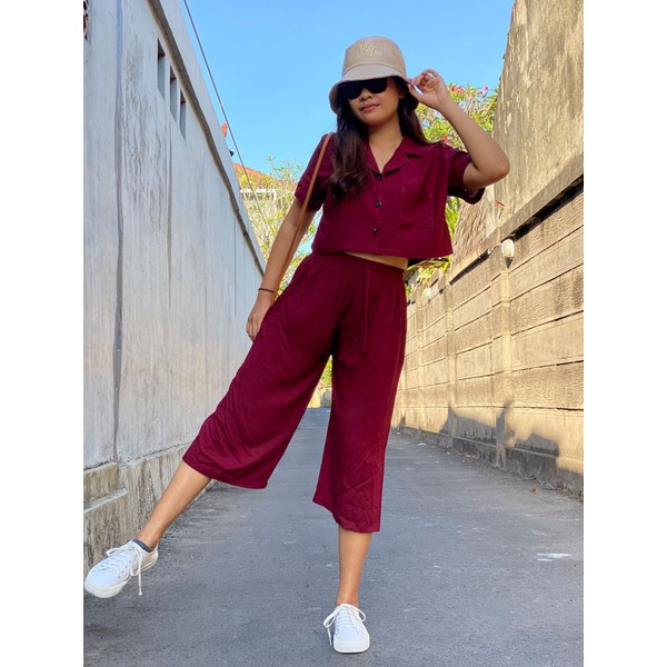 Oneset Crop Sinta  / Set Rayon Crop / New One Set-Marron