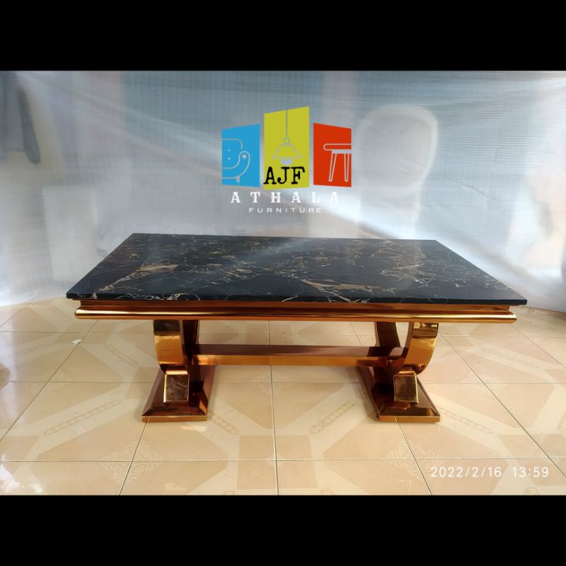 Meja makan stainless gold marmer