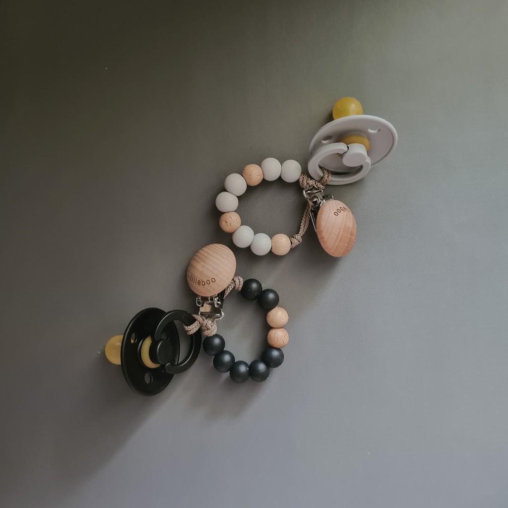 Lilleboo Pacifier Clip - Wooden Gantungan Empeng Nordic Neutral Kayu Beads Silicone Tali Holder