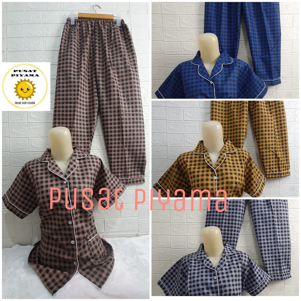 Baju Tidur Piyama Wanita Motif Kotak Pajamas Cewek Korea Kekinian Daily Set Katun Oslin