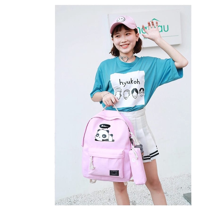 Twenty Bag - Tas Ransel Sekolah Anak Wanita Dan Pria Untuk Anak PAUD TK SD SMP REMAJA Terbaru 2021 Kekinian Motif Carakter PANDA TIDUR 4IN1 Korean Sytle Multifungsi Bahan Canvas