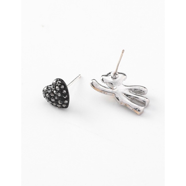 LRC Anting Tusuk Fashion Black+silver Color Heart&amp;bear Shape Decorated F07250