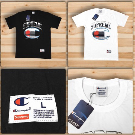 TSHIRT KAOS CHAMPION X SUPREME CHROME BLACK WHITE TSHIRT KAOS CHAMPION X SUPREME CHROME BLACK WHITE