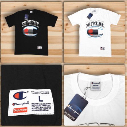 TSHIRT KAOS  CHAMPION  X SUPREME CHROME BLACK WHITE 