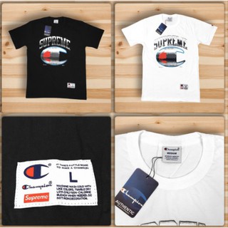 TSHIRT KAOS CHAMPION  X SUPREME CHROME BLACK WHITE 