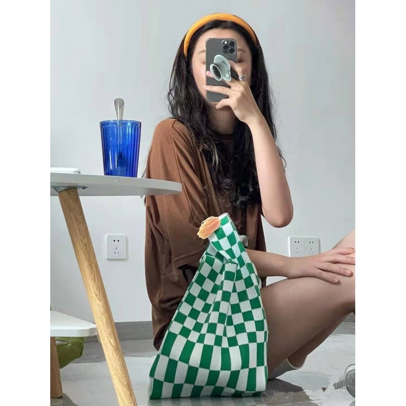 Gobra ♕ TW010 Tas Bene Korean Knitted Checkered Tote Bag Tas Rajut Kotak Catur Totebag Buffollow Vacay Viral Bangkok Import