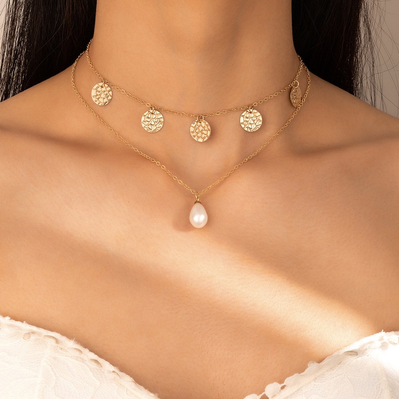 Kalung Rantai Multilayer Bahan Alloy Dengan Liontin Mutiara