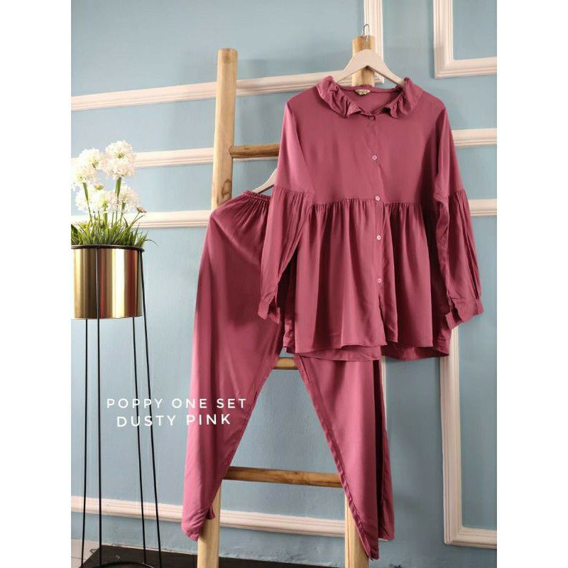popy one set/setelan polos kerah/setelan polos kekinian/jasmine one set