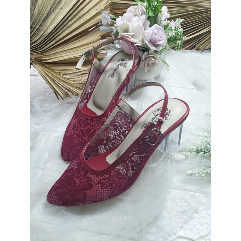 sepatu clarrisa merah Maroon 7cm kaca