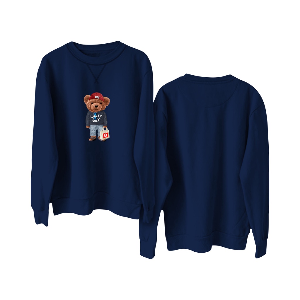 Sweater Crewneck BRIGO Sablon DTF Fleece Cotton || BRIGO Basic Sweatshirt Lucky Guy beruang M-XXL (Pria &amp; Wanita) Free stiker&amp;Gantungan Kunci