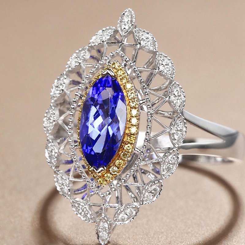 Cincin Jari Cubic Zirconia Warna Biru Marquise Gaya Retro Vintage Untuk Wanita