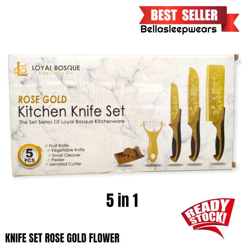 BELLA - PISAU DAPUR KNIFE SET ROSE GOLD FLOWER MEWAH LUXURY 5IN1 BERKELAS GAYA NORDIC