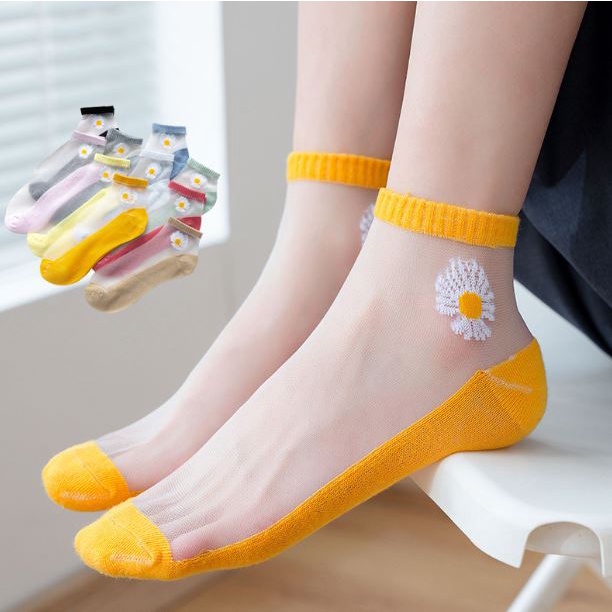 DF KK211 Kaos Kaki Wanita Pendek Motif Bunga Daisy Transparan Socks Korean Fashion