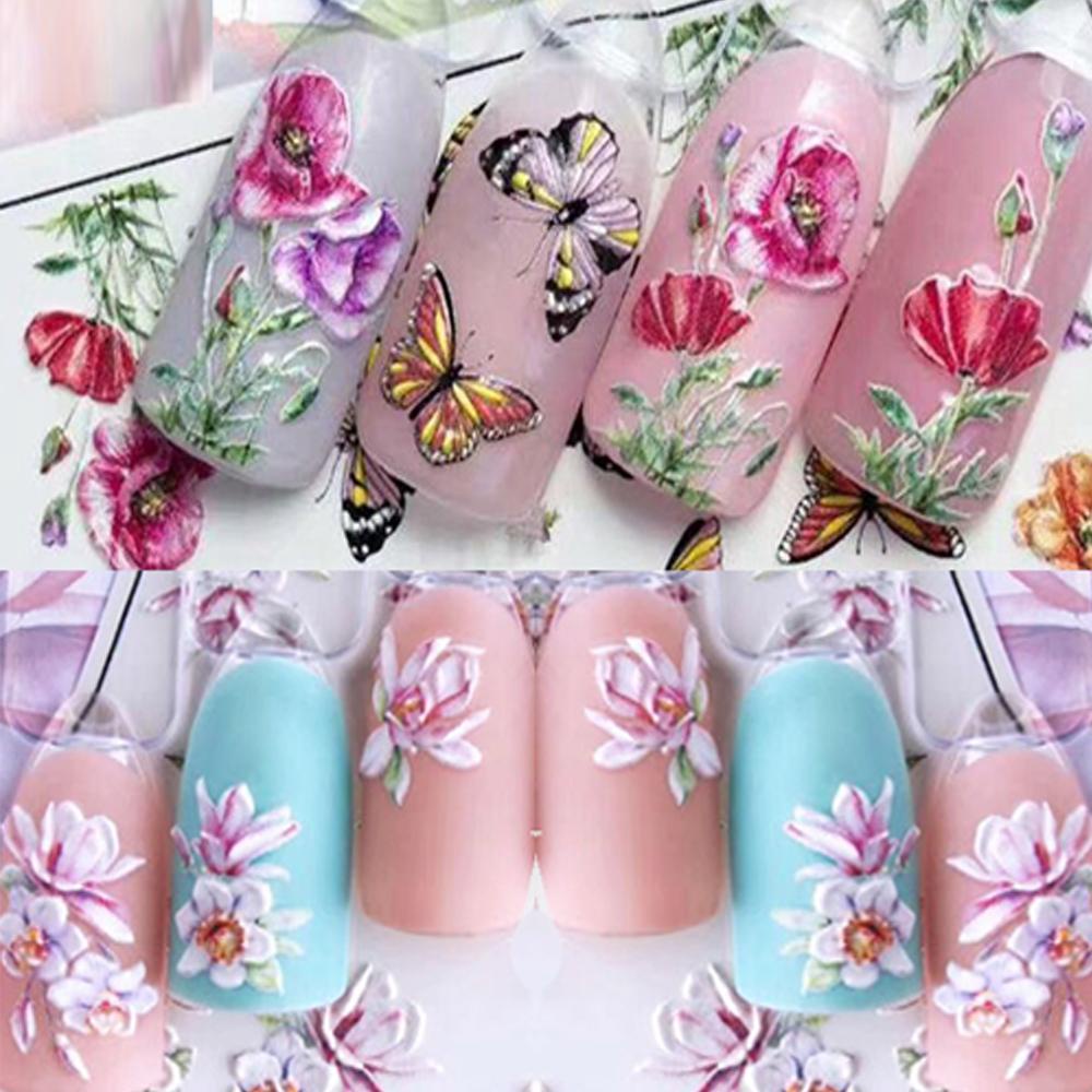 AUGUSTINA Agustin 5D Timbul Kuku Stiker Salon Murai Mawar Bunga Matahari Merah Peony Gardenia Kupu-Kupu Manikur Aksesoris Kuku Foil Decals DIY Nail Art