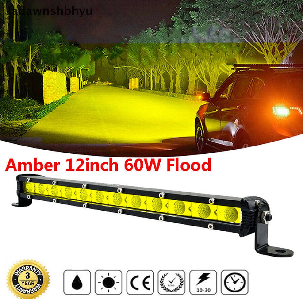 Adawnshbhyu Amber 12inch 60W Flood Slim Satu Baris Fog LED Lampu Kerja Bar Mobil SUV Truk ATV