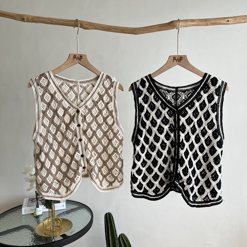 Korean Outer Crochet Vest / Atasan Rompi Rajut Wanita Import Motif Rangkayan Bunga Best Seller